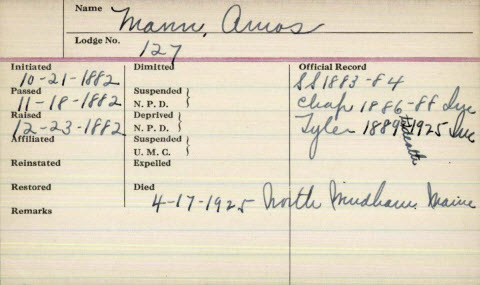 Masonic Record Card for Amos Mann