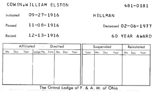 Masonic Record Card for William E. Cowin