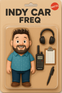 IndyCarFreqToy Cartoon-style action figure in blister packaging labeled 'INDY CAR FREQ' with Mattel logo, featuring a smiling bearded man, Bearcat scanner, headphones, clipboard, and pen on a minimalist cardboard background.
