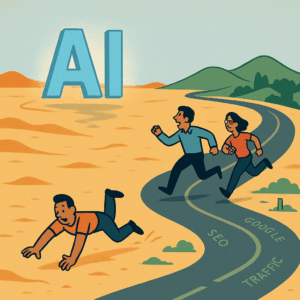 Cartoon illustration of people chasing a glowing 