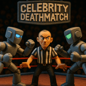 Claymation-style scene of two robots fighting in a wrestling ring with the Celebrity Deathmatch referee between them and logo above on a jumbotron.