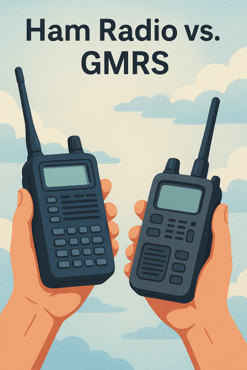 Illustration of two hands holding handheld radios against a sky with clouds. The left radio, labeled Ham Radio, has a longer antenna and more buttons. The right radio, labeled GMRS, has a shorter antenna and a simpler keypad. The title “Ham Radio vs. GMRS” appears above.