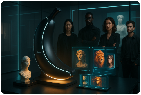 Image created by ChatGPT: A sleek, futuristic 3D render of a glowing banana-shaped AI device labeled subtly with "Nano." The machine sits in a minimal, high-tech workspace with glass panels, neon light accents, and holographic screens displaying transformed images. Diverse creators stand nearby in stylish modern clothing, watching as the machine outputs photorealistic figurines and digital artworks. The scene is cinematic, polished, and editorial, with moody lighting and a clean abstract background.