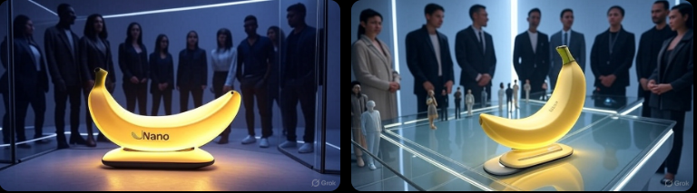 Images created by Grok: A sleek, futuristic 3D render of a glowing banana-shaped AI device labeled subtly with "Nano." The machine sits in a minimal, high-tech workspace with glass panels, neon light accents, and holographic screens displaying transformed images. Diverse creators stand nearby in stylish modern clothing, watching as the machine outputs photorealistic figurines and digital artworks. The scene is cinematic, polished, and editorial, with moody lighting and a clean abstract background.