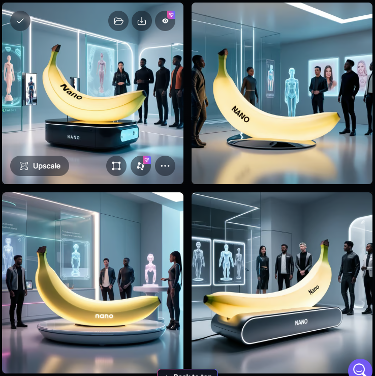 Images created by Leonardo: A sleek, futuristic 3D render of a glowing banana-shaped AI device labeled subtly with "Nano." The machine sits in a minimal, high-tech workspace with glass panels, neon light accents, and holographic screens displaying transformed images. Diverse creators stand nearby in stylish modern clothing, watching as the machine outputs photorealistic figurines and digital artworks. The scene is cinematic, polished, and editorial, with moody lighting and a clean abstract background.