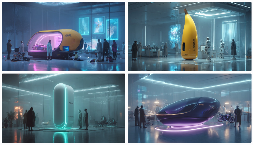 Images created by MidJourney: A sleek, futuristic 3D render of a glowing banana-shaped AI device labeled subtly with "Nano." The machine sits in a minimal, high-tech workspace with glass panels, neon light accents, and holographic screens displaying transformed images. Diverse creators stand nearby in stylish modern clothing, watching as the machine outputs photorealistic figurines and digital artworks. The scene is cinematic, polished, and editorial, with moody lighting and a clean abstract background.