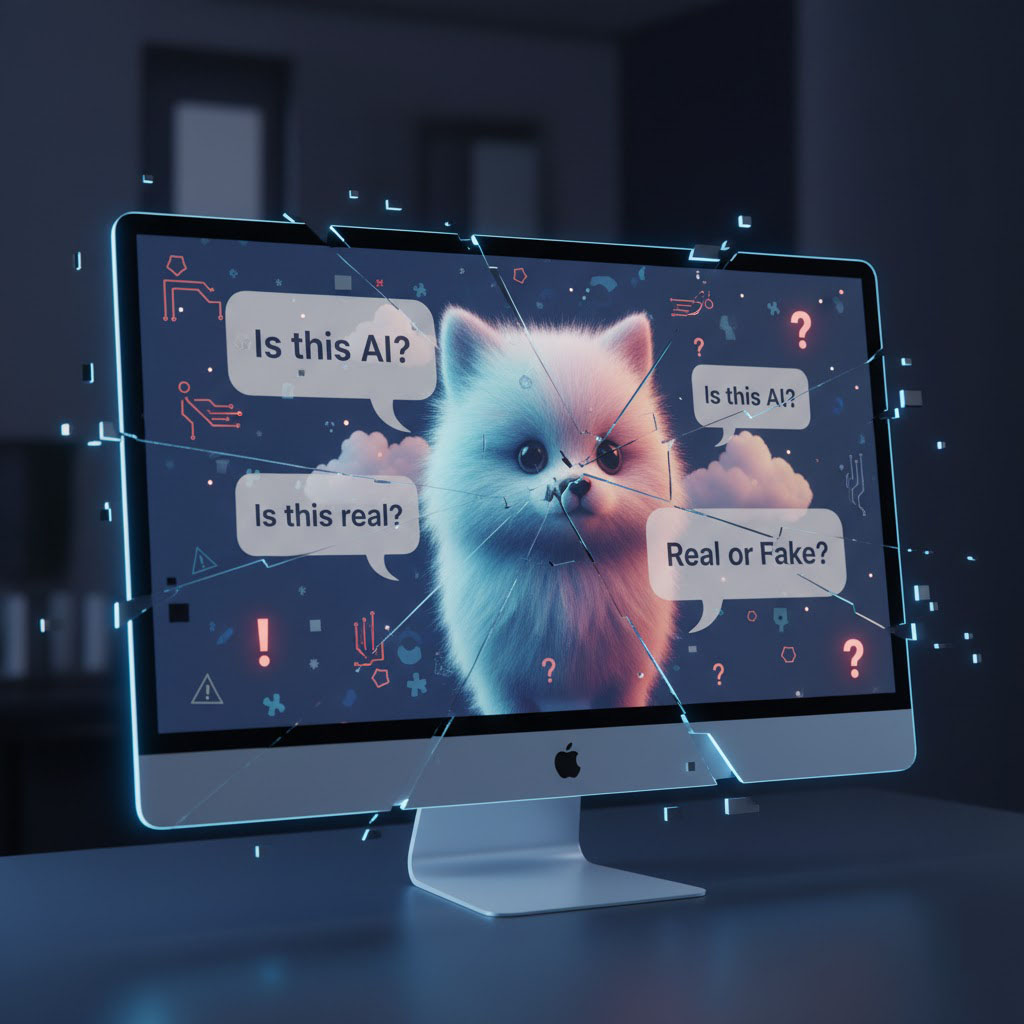 A computer screen displaying a viral video with multiple comment bubbles questioning authenticity and asking if the content is AI-generated, representing internet trust erosion.