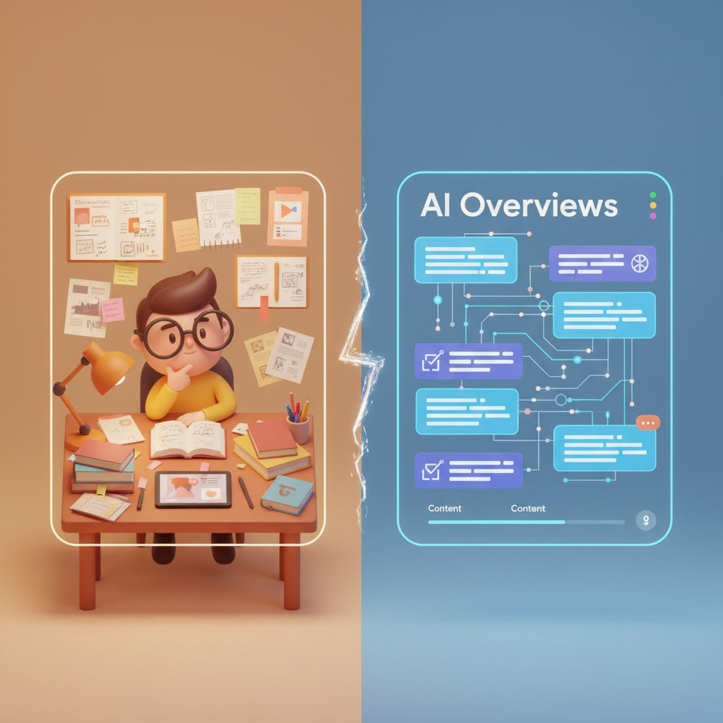A split-screen showing a thoughtful content creator on one side working on original research, and an AI Overviews interface extracting and summarizing content on the other, representing the disconnect between creator effort and algorithmic value extraction.