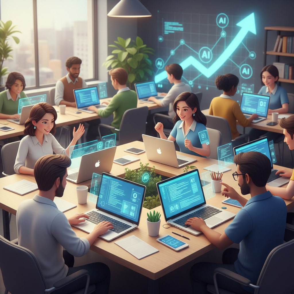 A diverse group of developers and entrepreneurs working on various laptops with AI coding interfaces visible on their screens, symbolizing democratized access to advanced AI technology.