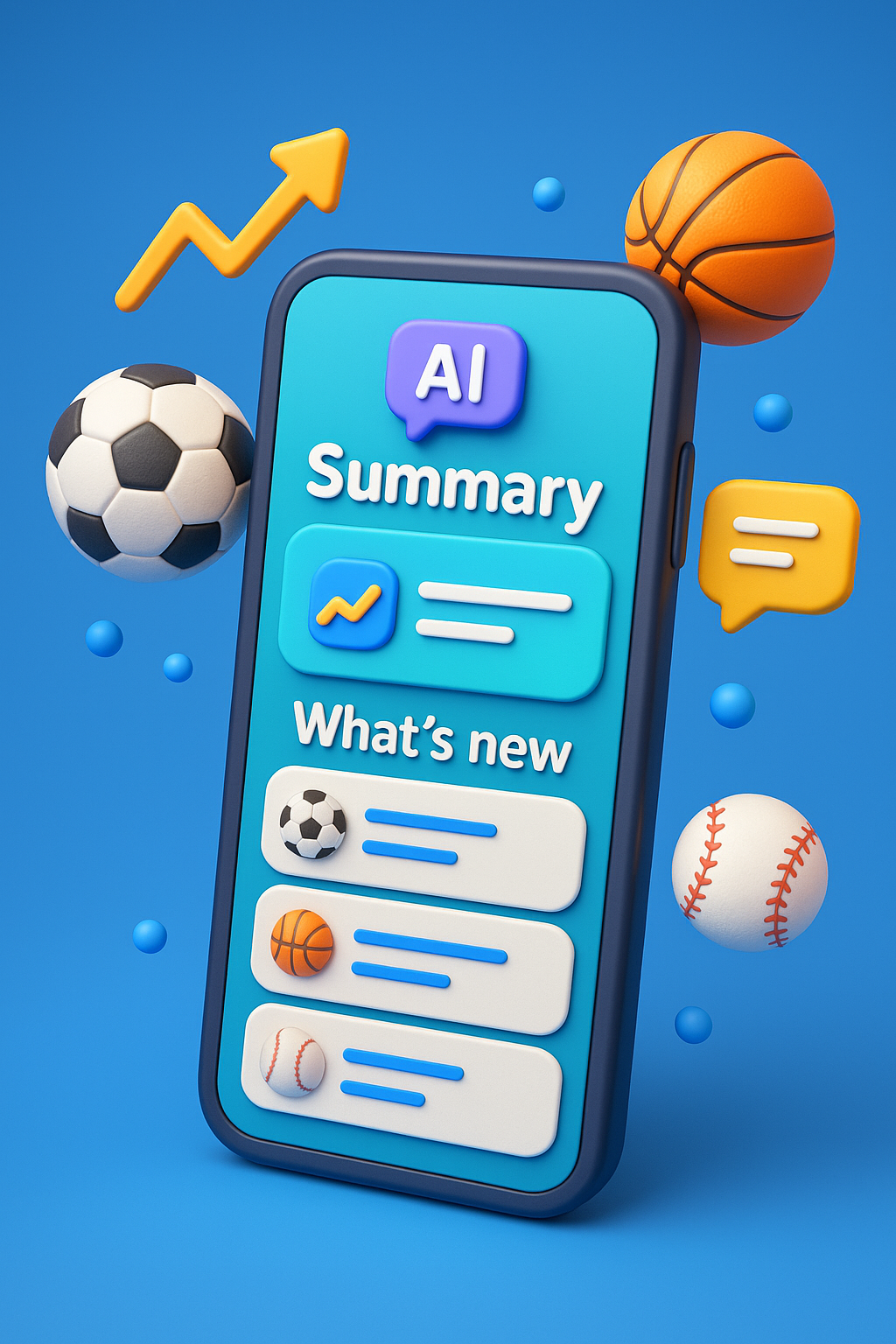 ai-sports Cartoon smartphone displaying AI‑generated sports updates, surrounded by floating soccer, basketball and baseball icons.
