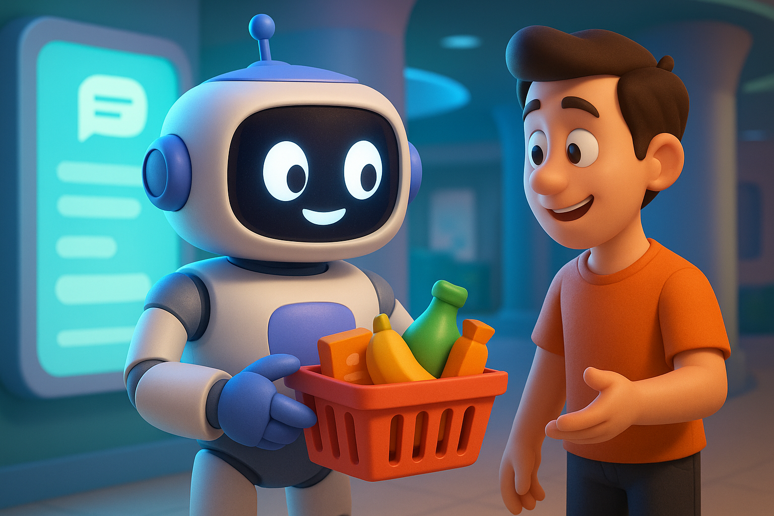 chatGPT-shopping Friendly 3D AI assistant offering a shopping basket full of products to a customer in a bright, futuristic setting.