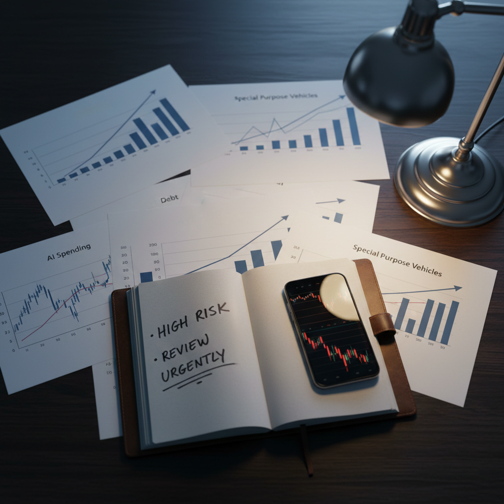 An overhead shot of a financial analyst's desk. Scattered documents display charts with upward curves labeled "AI Spending," "Debt," and "Special Purpose Vehicles." A smartphone shows red stock market data. An open notebook in the center has "HIGH RISK" and "REVIEW URGENTLY" written inside. Dramatic side-lighting casts deep shadows, while a desk lamp provides a warm amber glow on some papers, creating a sense of urgency and financial complexity.