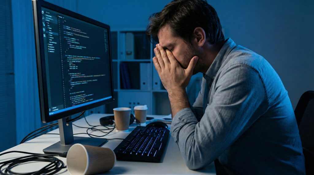 an exhausted computer programmer sitting at a dark desk with their head in their hands, illuminated only by the cool glow of a computer monitor, illustrating workplace burnout and frustration