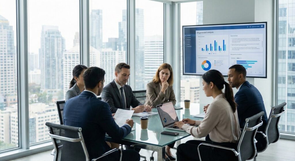 A diverse team of consultants sits around a glass table in a modern, sunlit conference room with a city skyline background. They are reviewing a presentation screen labeled