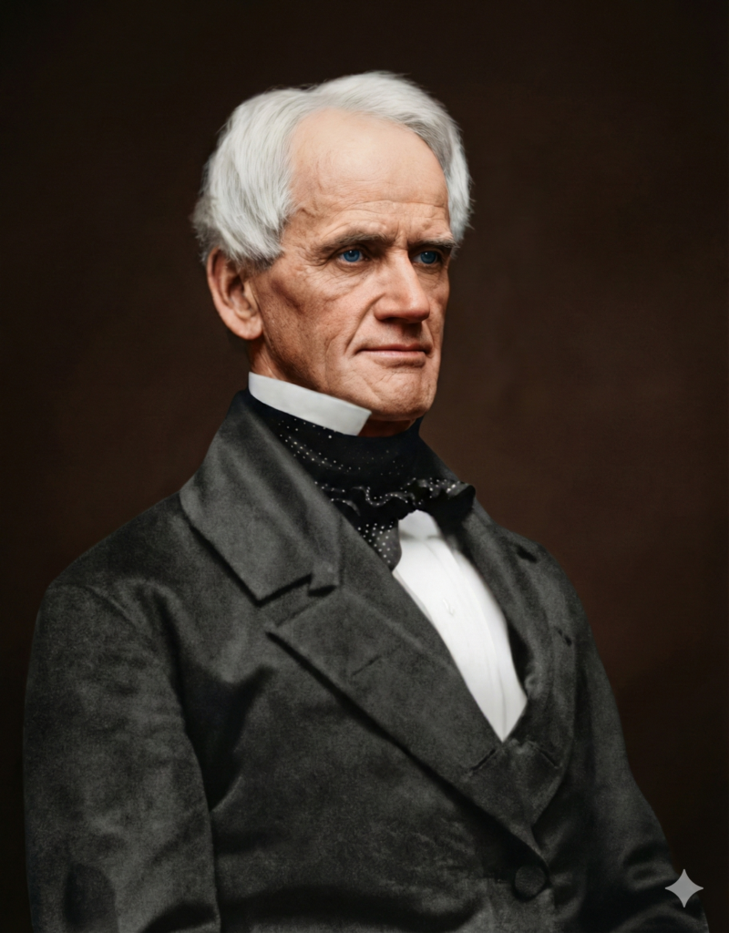 A restored and colorized portrait of Horace Mann. He is an older man with white hair, deep-set eyes, and a serious, dignified expression. He is wearing a dark formal coat, a white high-collared shirt, and a black cravat with small white polka dots against a dark brown background.