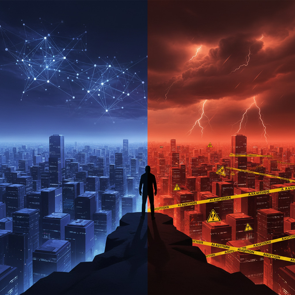 A split-screen editorial illustration featuring a silhouetted figure standing on a cliff edge, bridging two contrasting versions of a digital cityscape. The left side features cool blue and purple tones with glowing data centers and neural network sky patterns. The right side depicts the same scene in ominous orange and red tones, filled with storm clouds, caution tape, and warning signs.