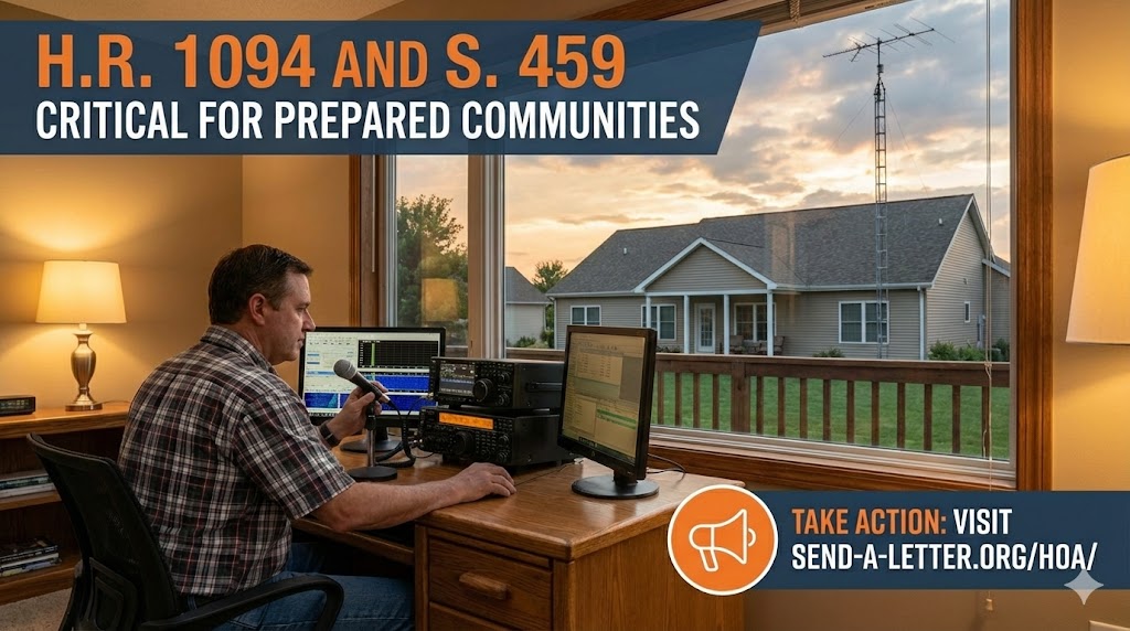An amateur radio operator sitting at an indoor desk with radio equipment, looking through a large picture window at a suburban backyard with a tall antenna tower, illustrating the need for H.R. 1094 and S. 459 to protect emergency communications in HOA communities.