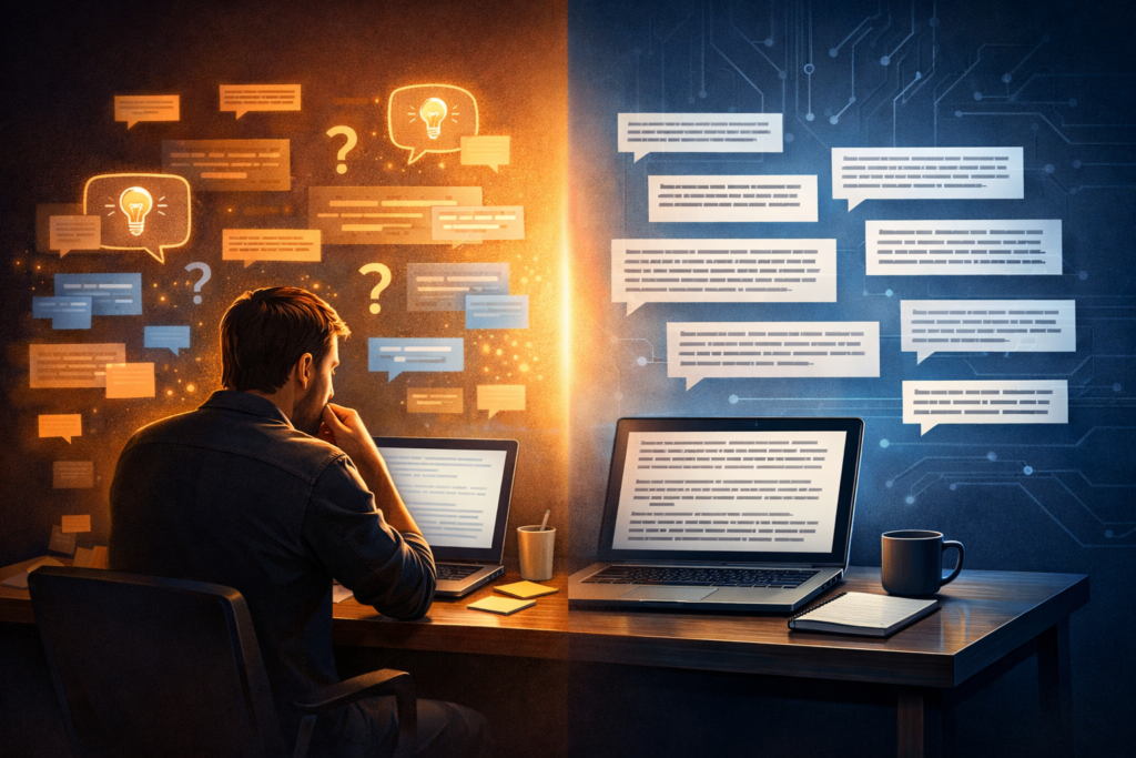 Split-screen illustration showing a writer at a desk with floating text fragments and idea bubbles on the left, transitioning to organized paragraphs flowing onto a screen on the right, representing the collaborative process of AI-assisted writing