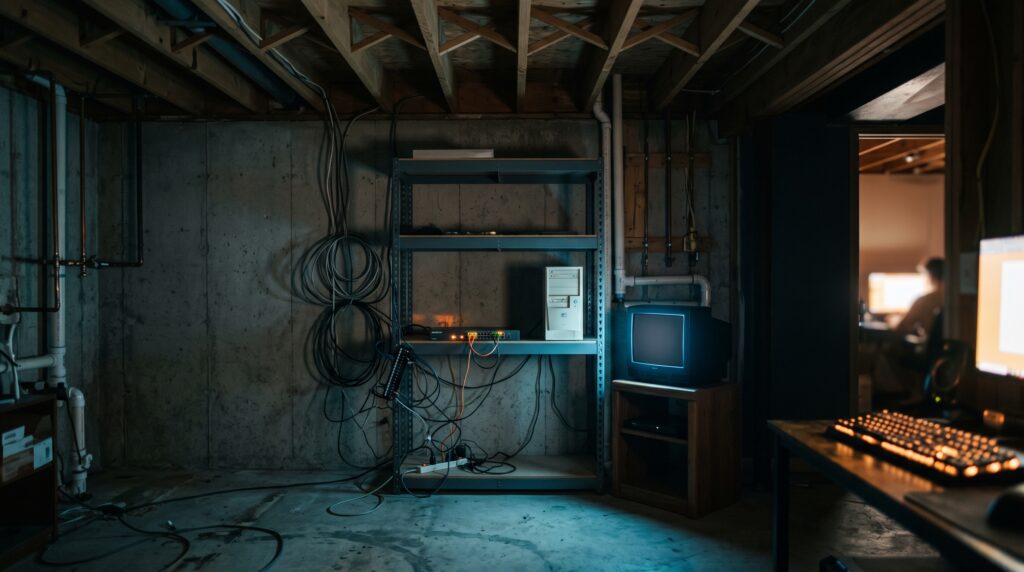 A small tower PC and a network switch with lit indicator LEDs on a shelf in a dark basement utility room, cables running along the wall, lit by the blue glow of a nearby monitor.